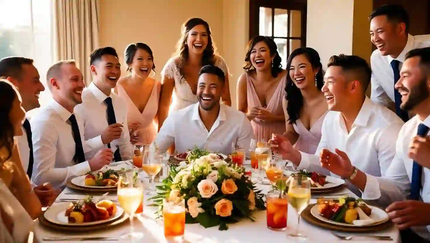 Noivos com padrinhos em sessão de fotos