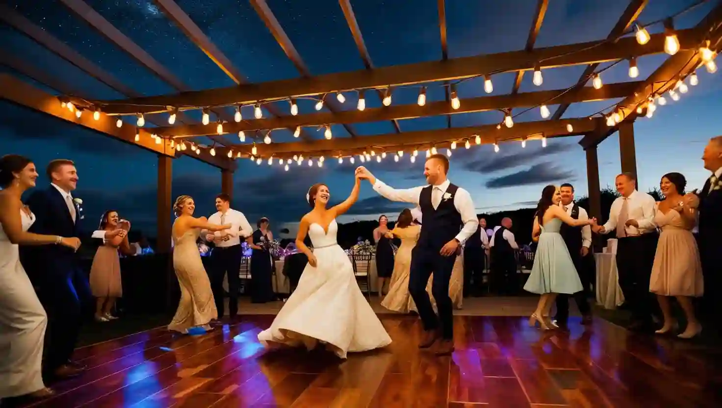 Convidados interagindo em uma festa de casamento moderna