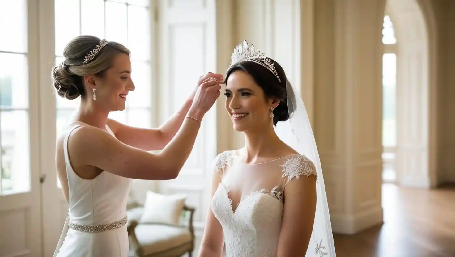 Noiva ajustando tiara com brilho
