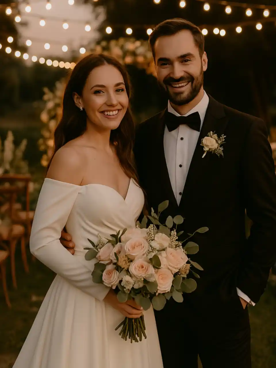 Casal de noivos ao pôr do sol